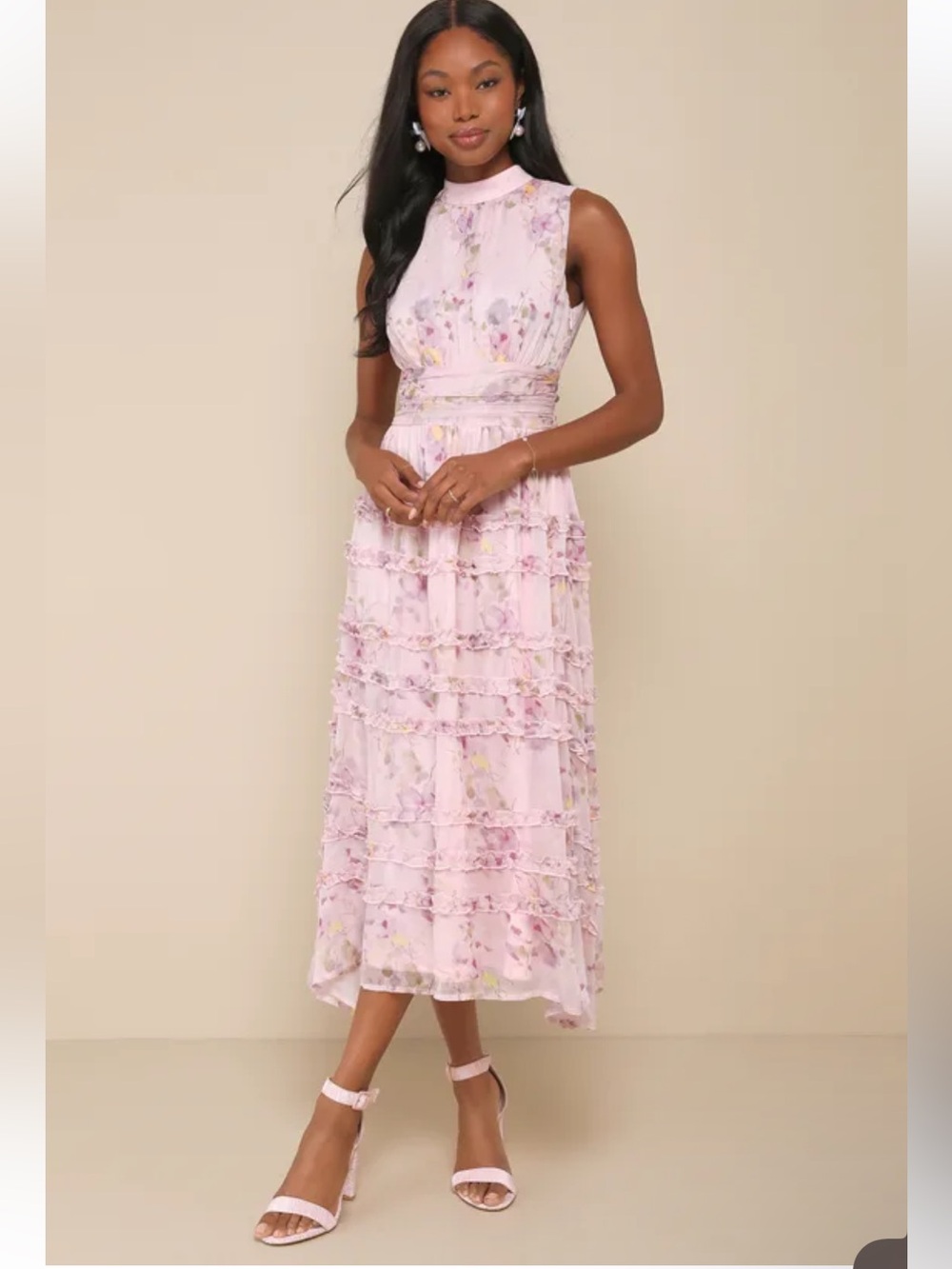 NWT Lulus Happily Sweet Light Pink Floral Mock Neck Backless Midi Dress FLAW ZIP